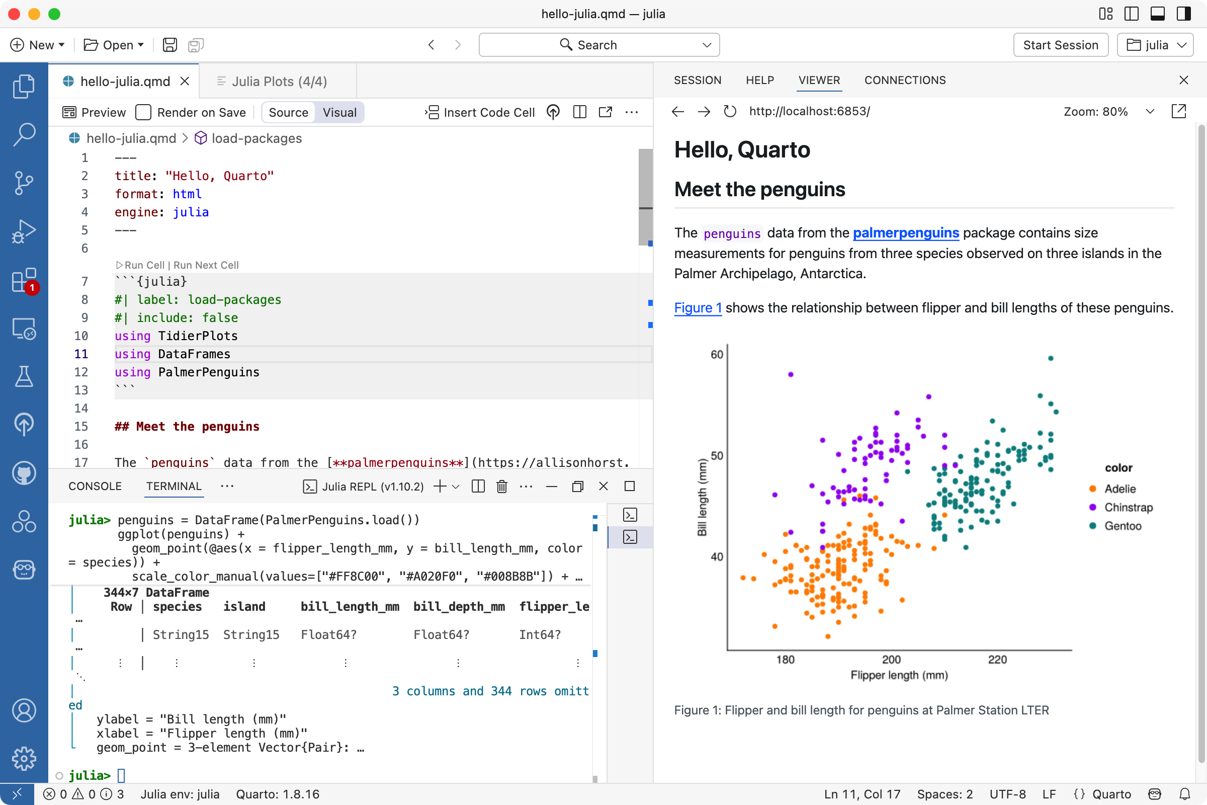 Screen shot of qmd file open in Positron with source markdown shown in Editor pane and a rendered document shown in the Viewer Pane.