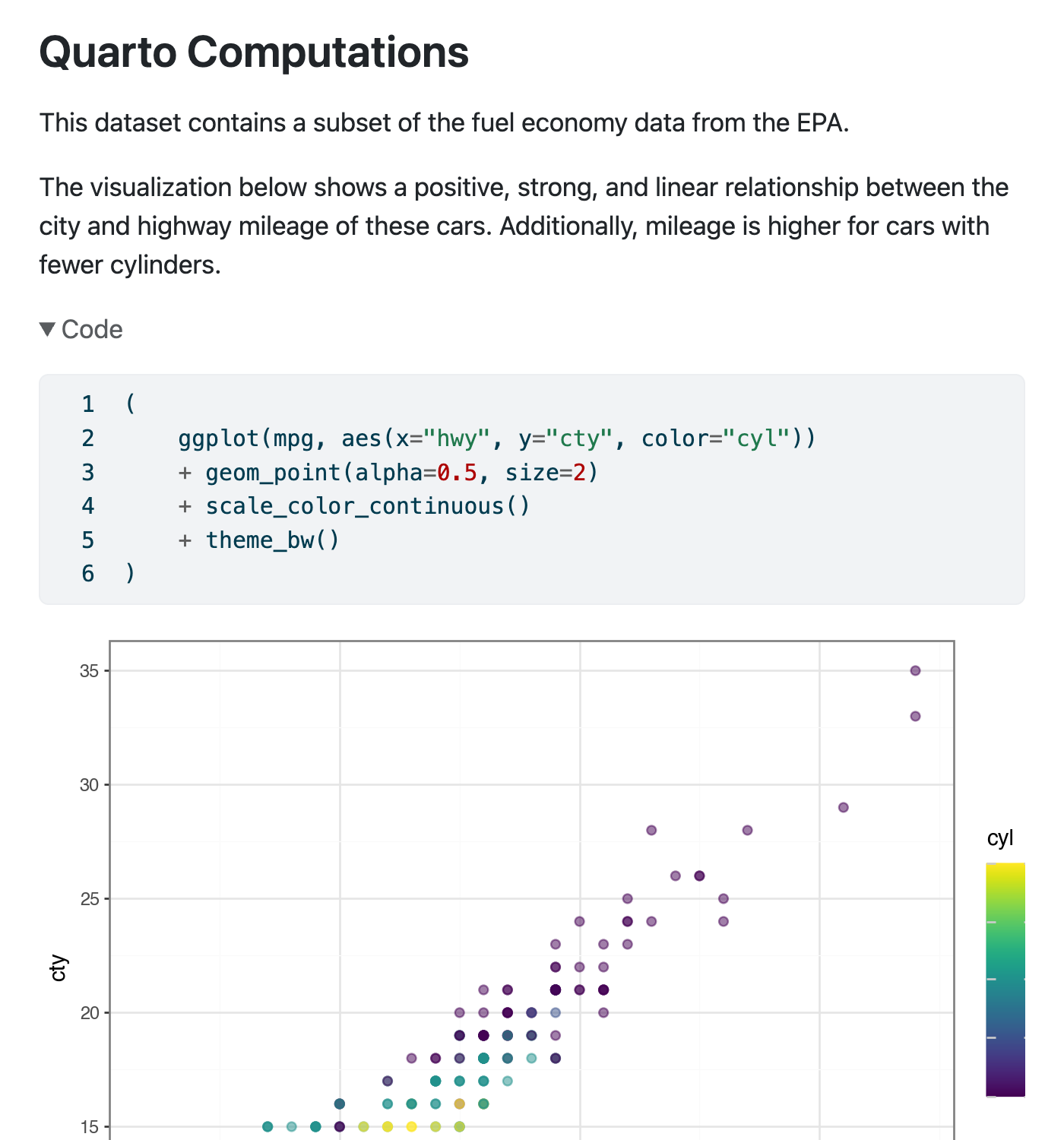 Part of a rendered Quarto document with the title Quarto Computations. The document contains a code cell that has been expanded and shows line numbers.