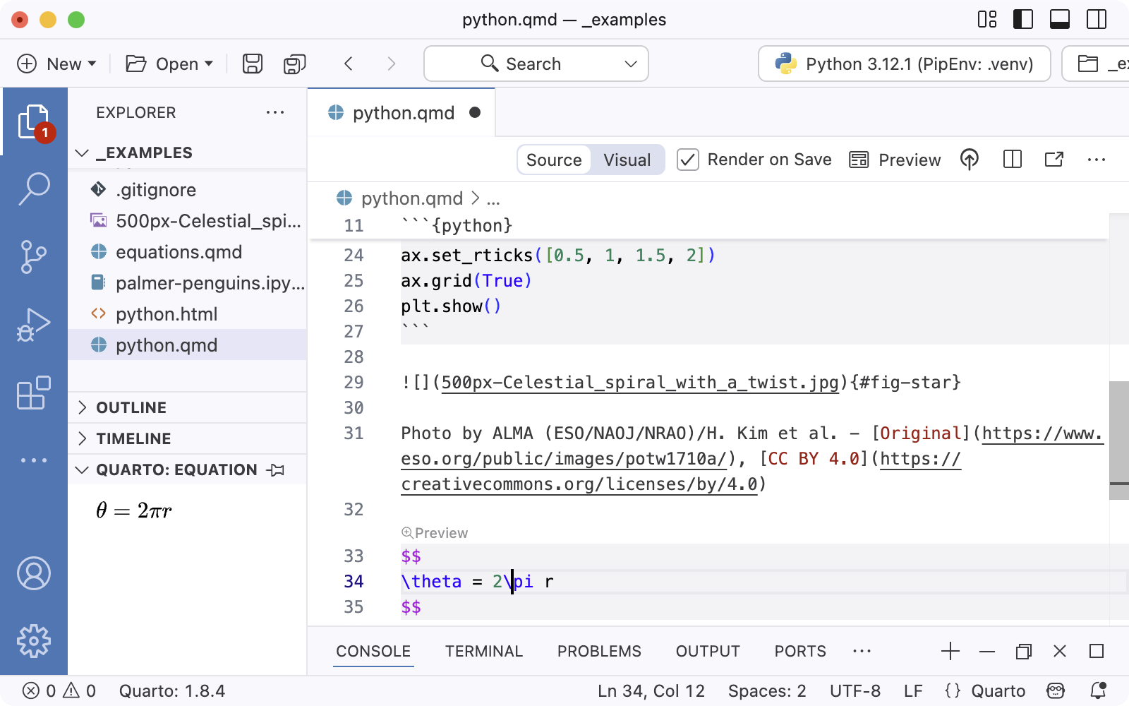 Quarto document open in Positron with a LaTeX equation shown in the 'Quarto Equation' section of the panel to the left of the document.