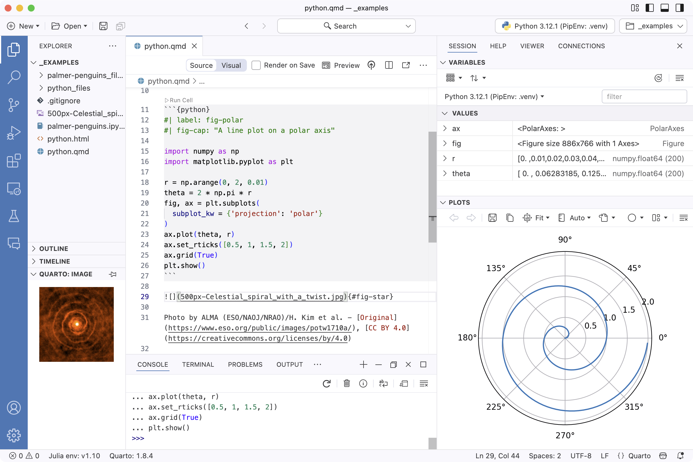 Screen shot of Positron editor with three vertical sections. The leftmost includes the file explorer, and quarto assist pane. The second pane is the source code for a quarto file with python code, and the active Python Console. The third shows the Environment and Plots for the active console populated with the output of the code cells.
