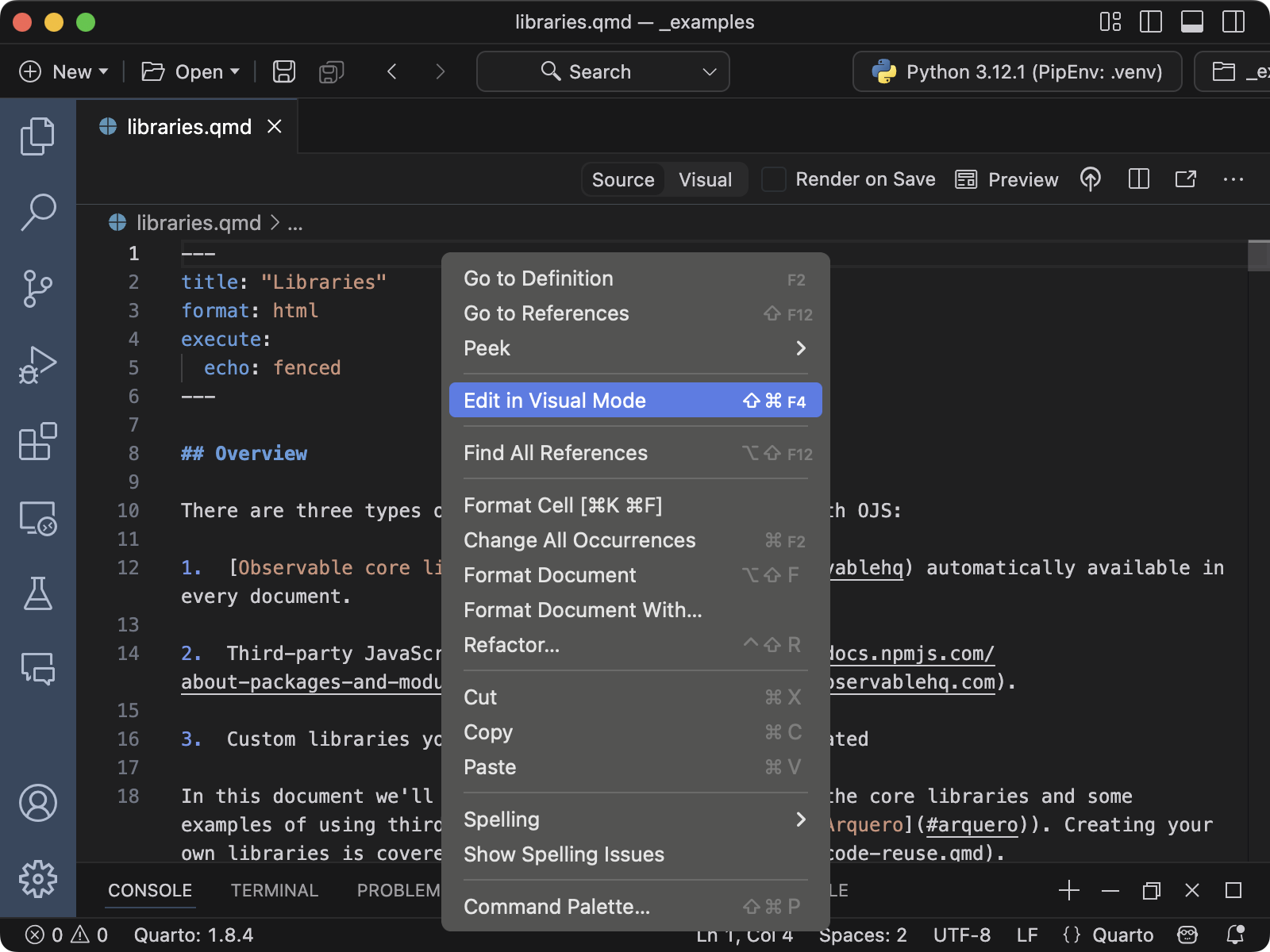 The context menu in with the Edit in Visual Mode command highlighted.