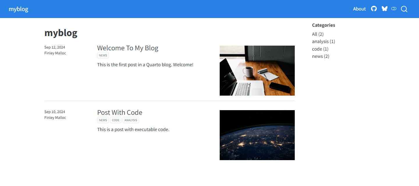 Screenshot of a blog listing page with a navbar showing the blog name, About link, GitHub and Bluesky icons, and two blog posts with thumbnail images and categories.